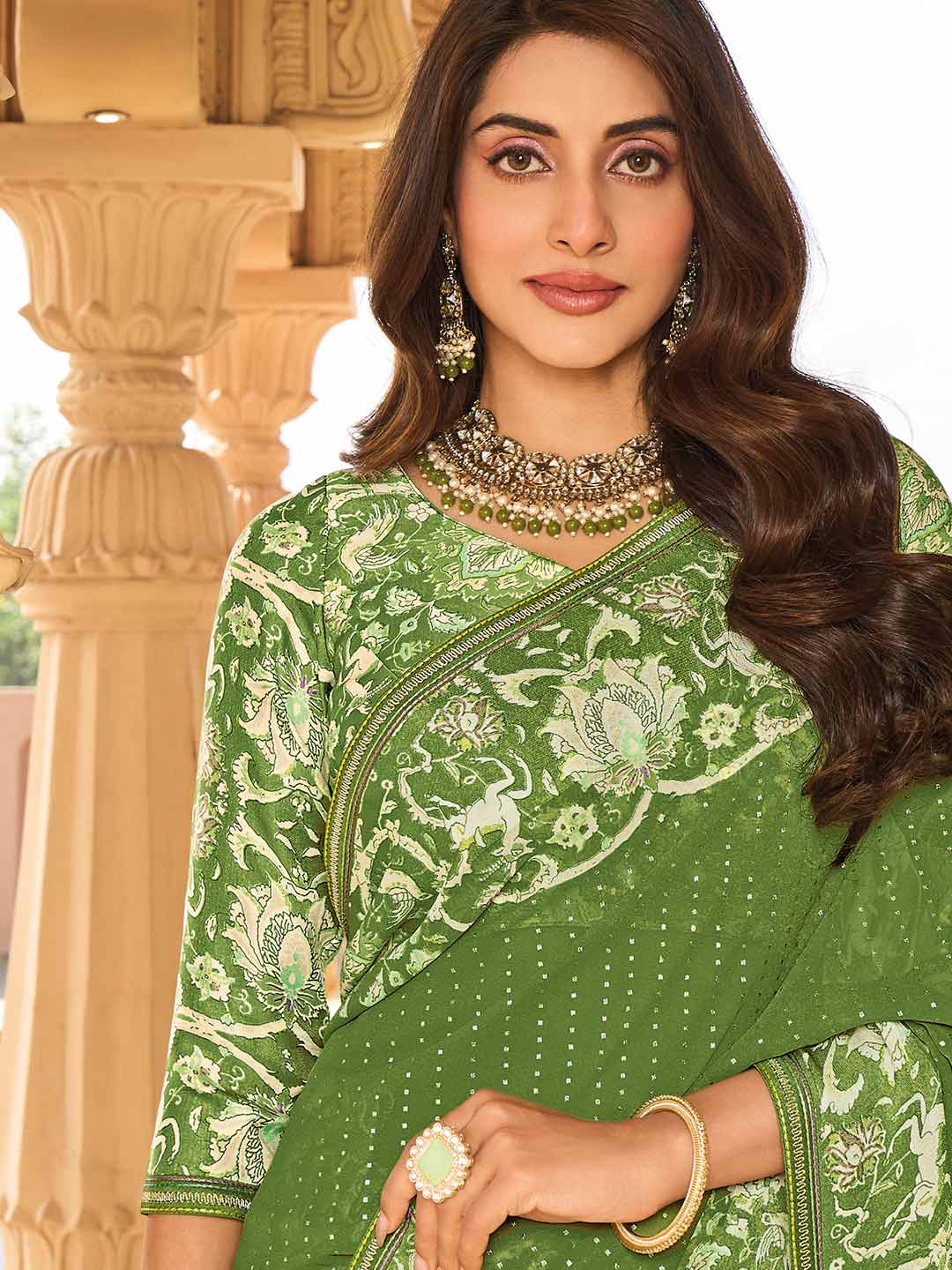 Printed green saree styling
