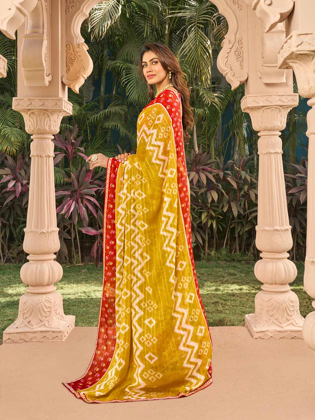 Mustard chiffon saree with red blouse