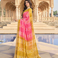 Pink saree with olive green blouse