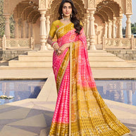 Pink floral chiffon saree full view