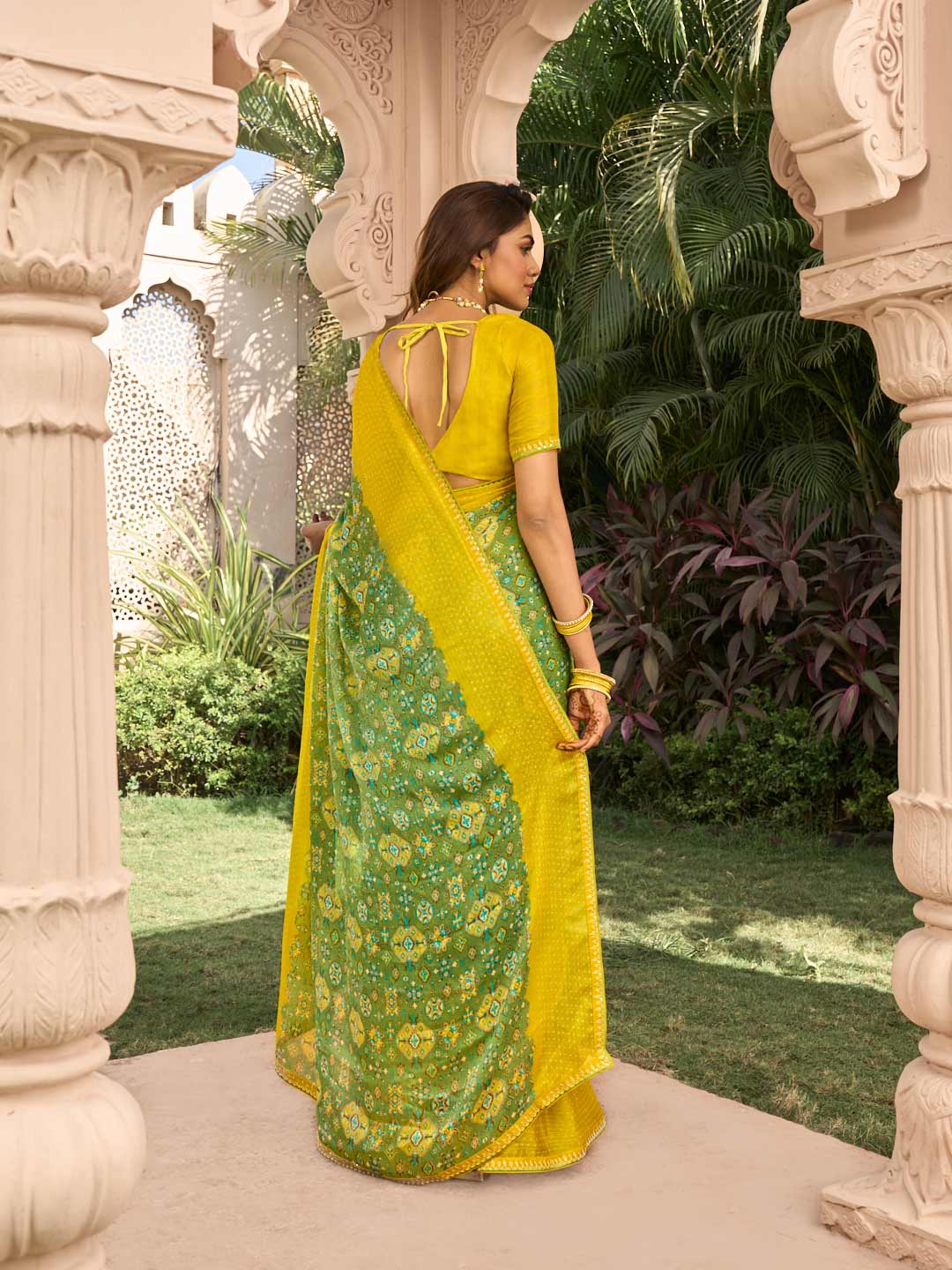 Printed green saree styling