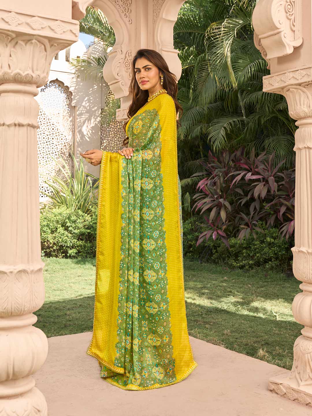  Green chiffon saree with mustard blouse