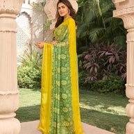  Green chiffon saree with mustard blouse