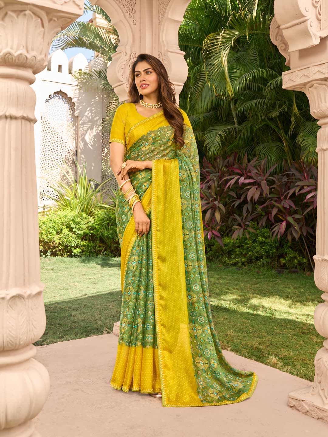 Green floral print chiffon saree