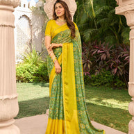 Green floral print chiffon saree
