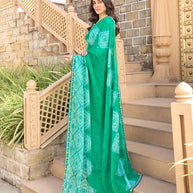  Teal green chiffon saree with blue blouse