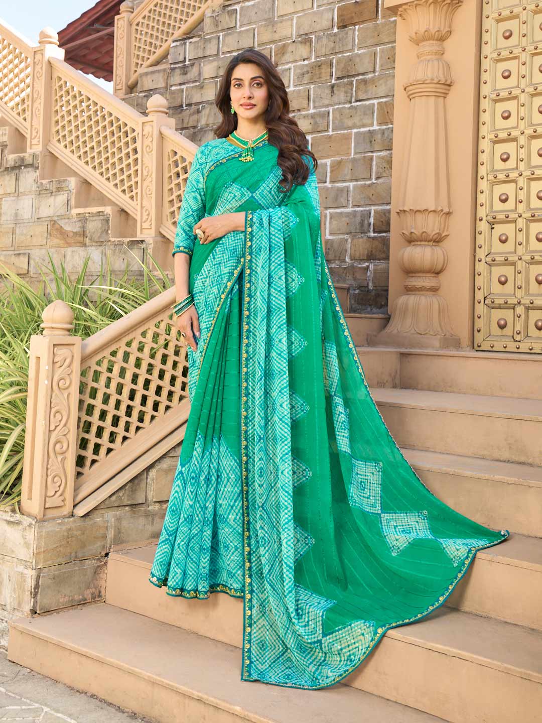 Teal green geometric print chiffon saree