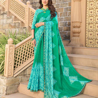 Teal green geometric print chiffon saree
