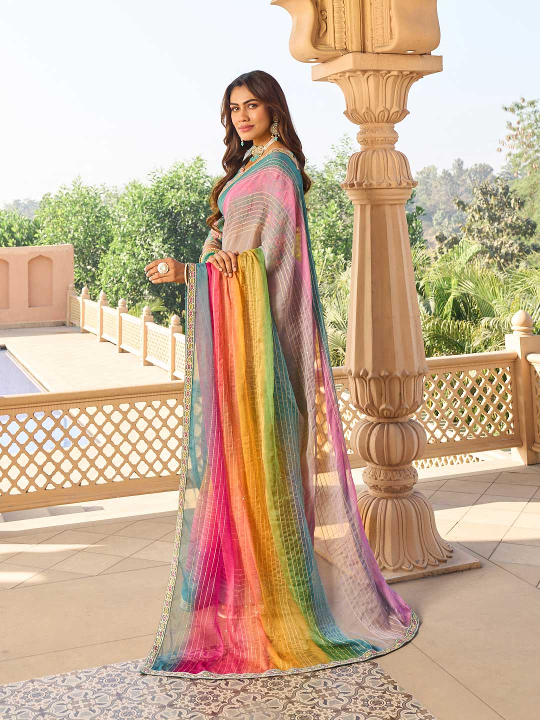 Stripe pattern on georgette saree