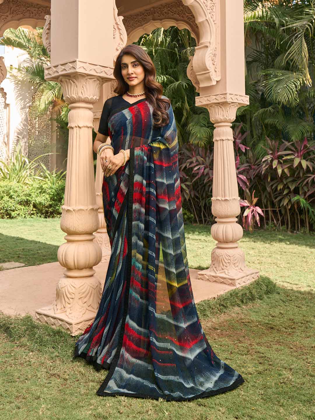 Black striped georgette saree