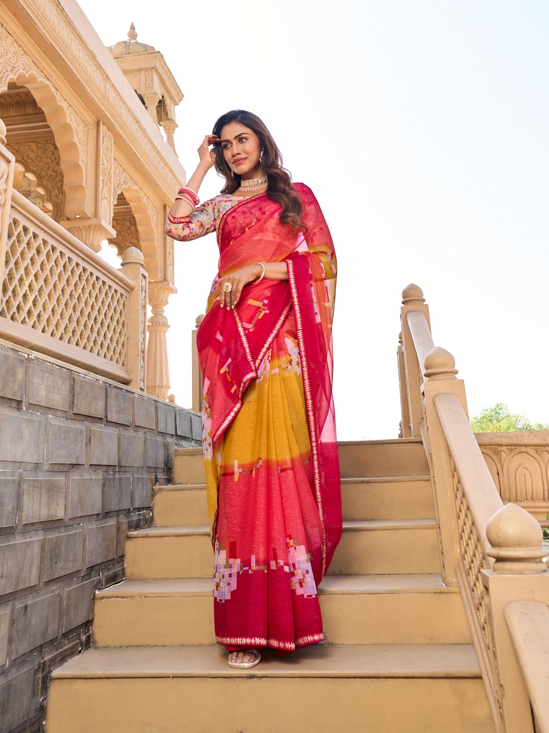 Geometric design on chiffon saree