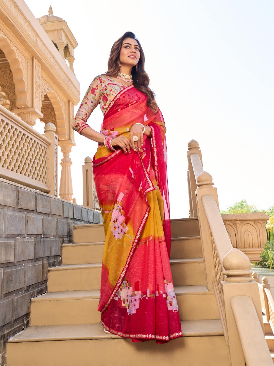 Multicolor geometric print chiffon saree