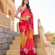 Multicolor geometric print chiffon saree