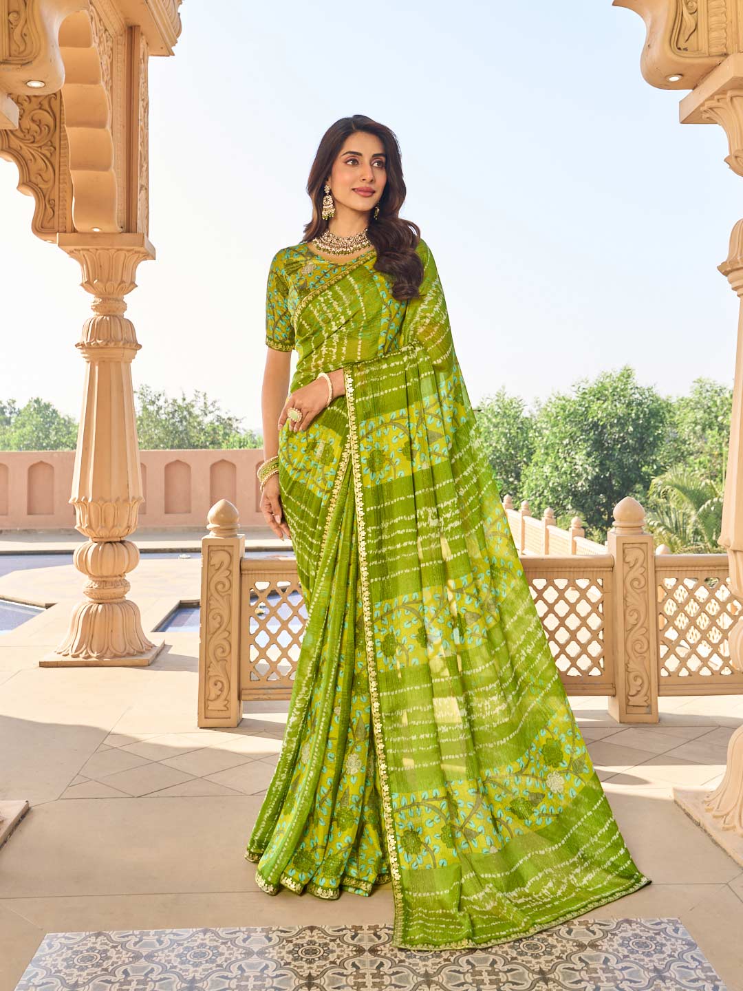 Green floral geometric print chiffon saree