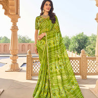 Green floral geometric print chiffon saree