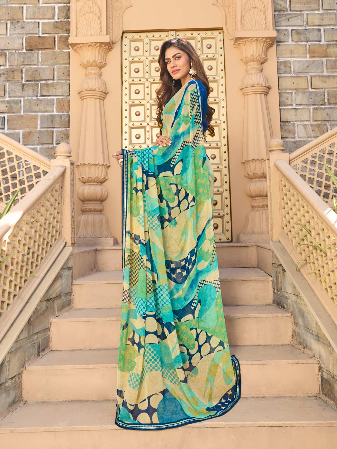 Geometric pattern on georgette saree
