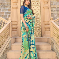  Teal blue georgette saree with navy blouse