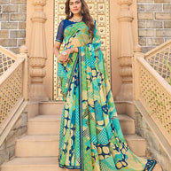 Teal blue geometric print georgette saree