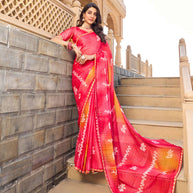 Pink floral print chiffon saree