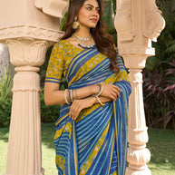 Stripe pattern on navy blue georgette saree