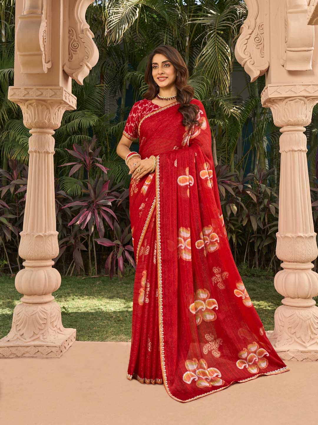 Red floral print silk saree