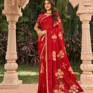 Red floral print silk saree