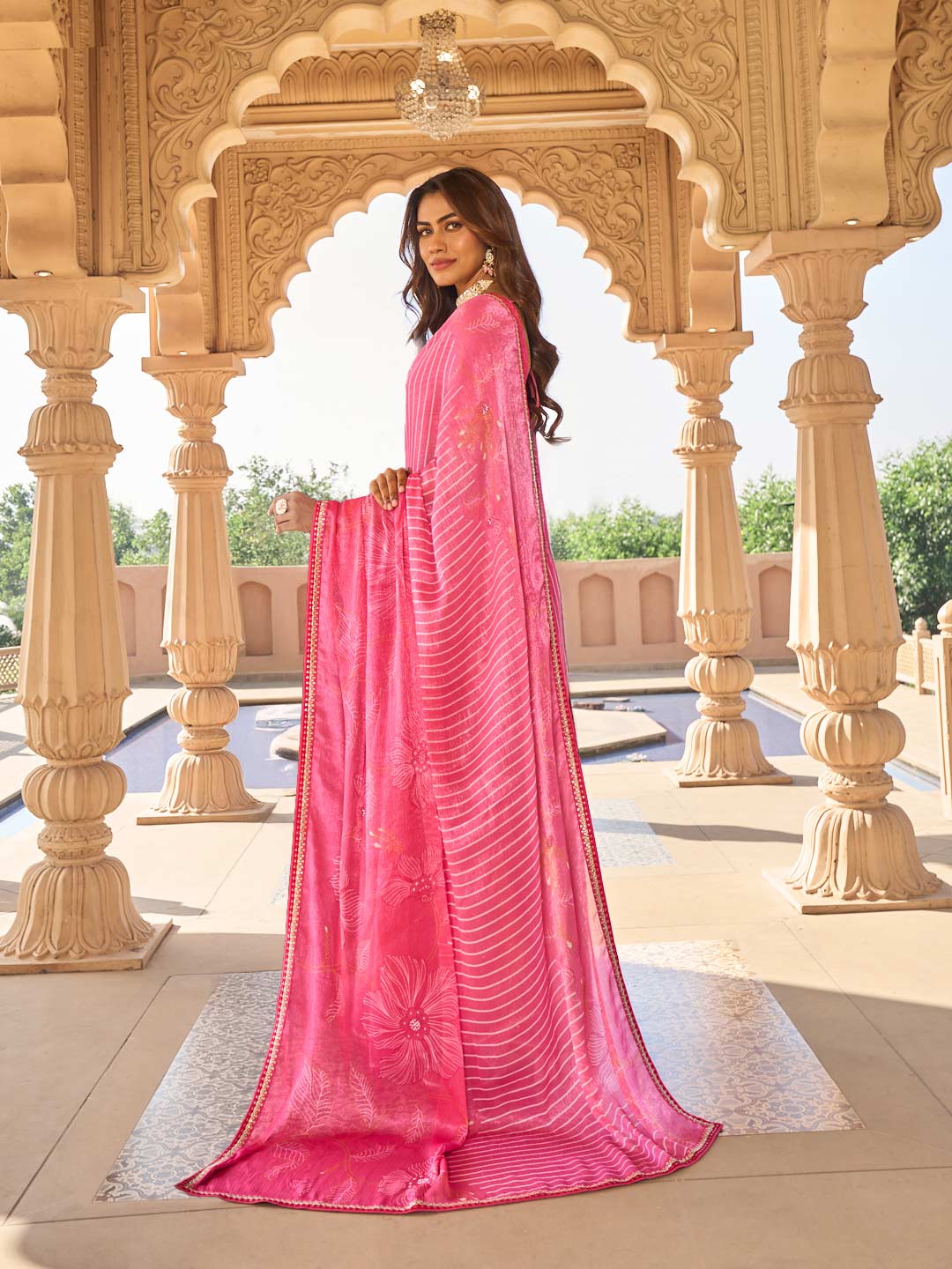 Pink chiffon saree with silk blouse