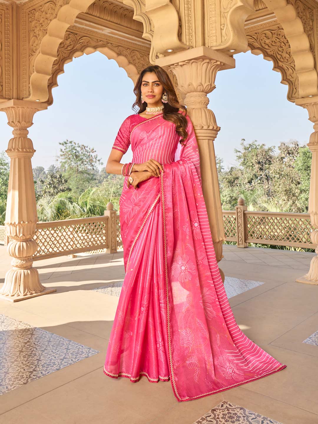 Pink floral print chiffon saree