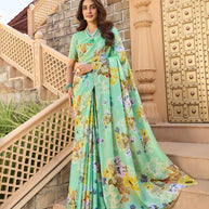 Teal green floral print silk saree
