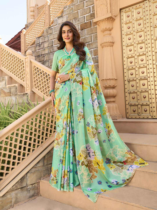 Teal green floral print silk saree