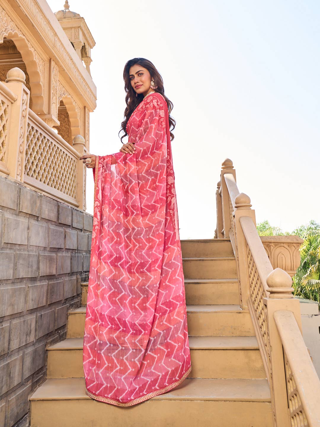 Pink chiffon saree with silk blouse