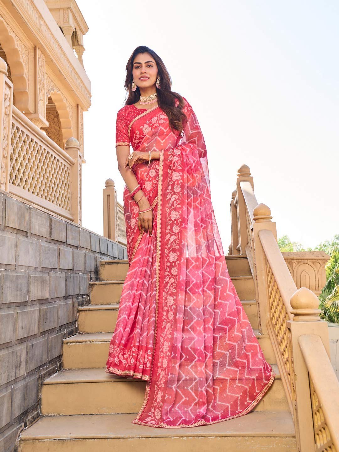Pink floral print chiffon saree