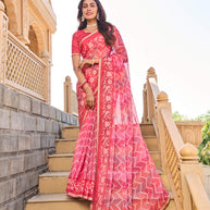 Pink floral print chiffon saree