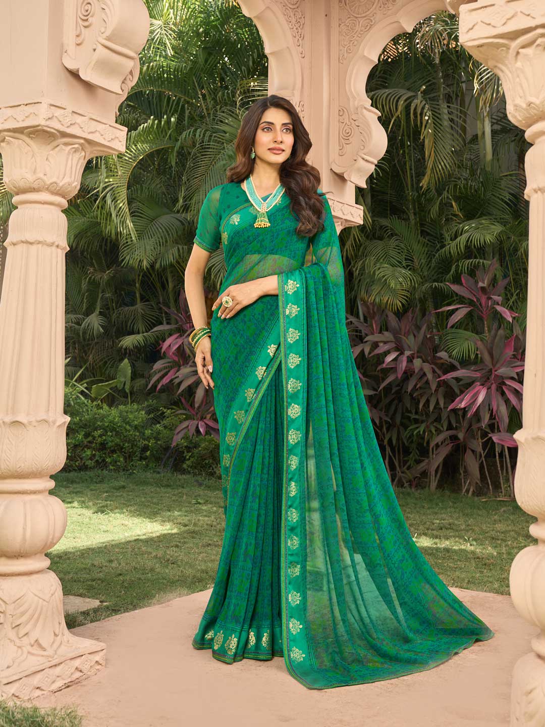 Green floral print georgette saree