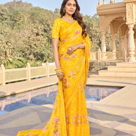 Floral design on yellow chiffon saree