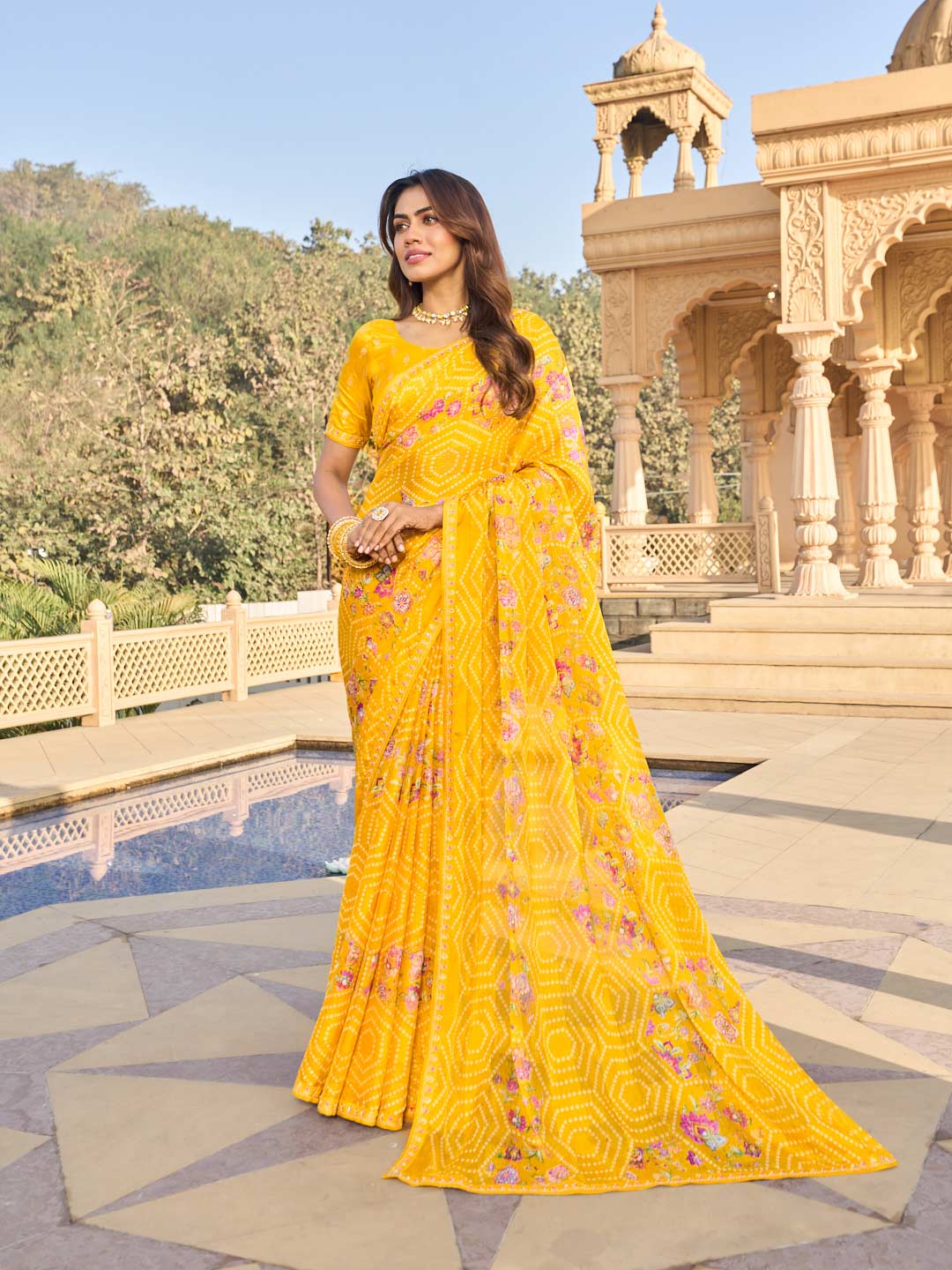 Yellow floral print chiffon saree