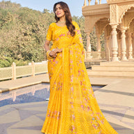 Yellow floral print chiffon saree