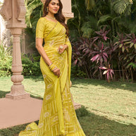 yellow striped georgette saree