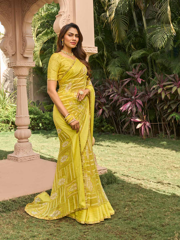 yellow striped georgette saree