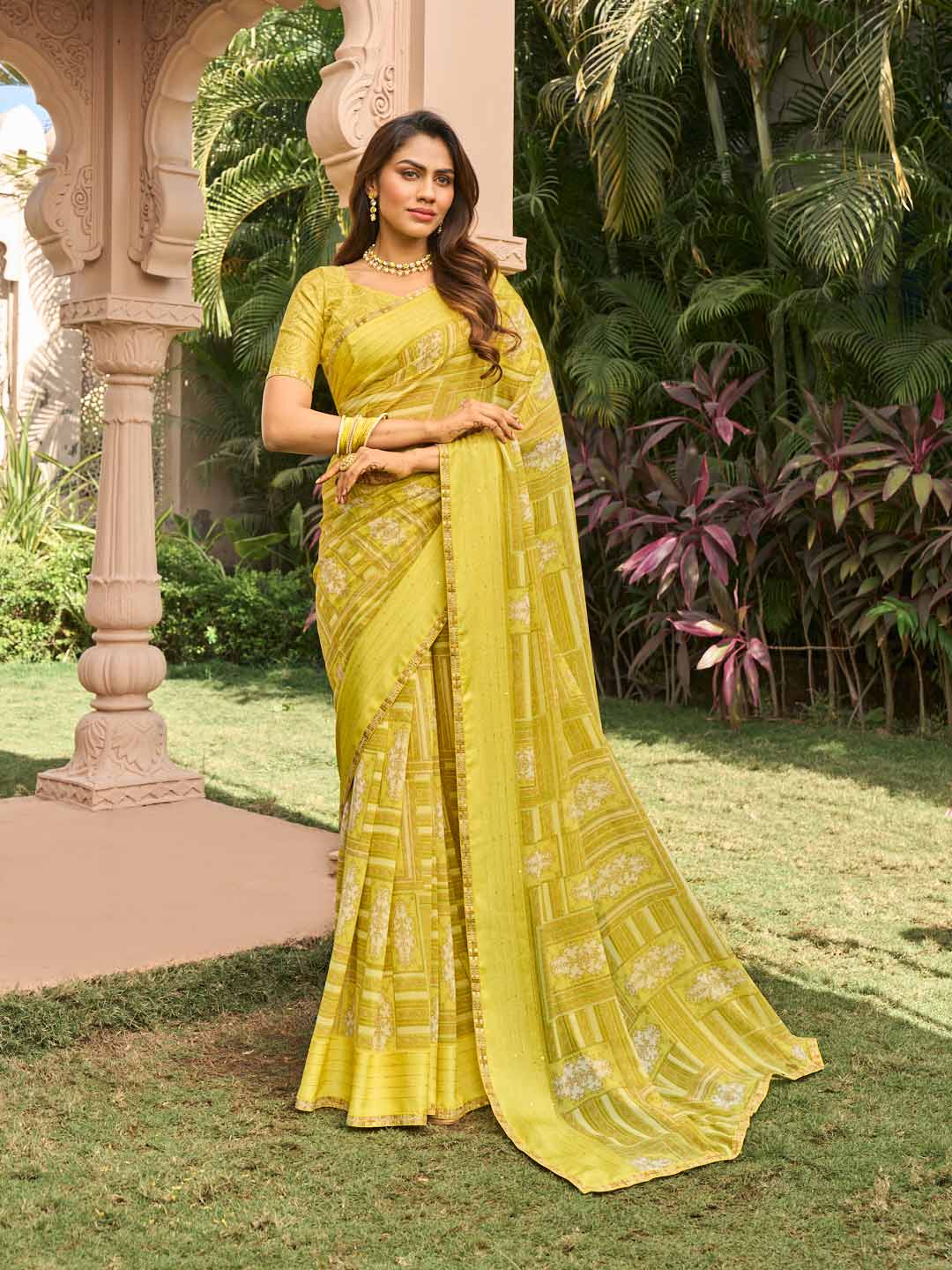 yellow georgette saree with matching blouse