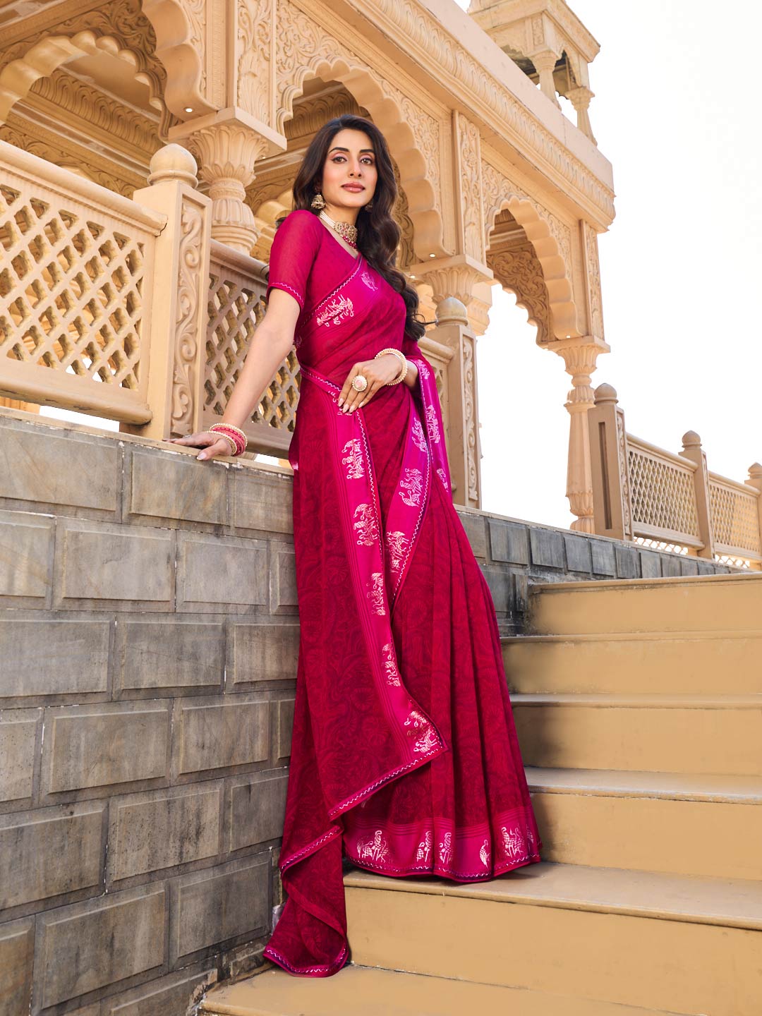 Pink georgette saree with silk blouse