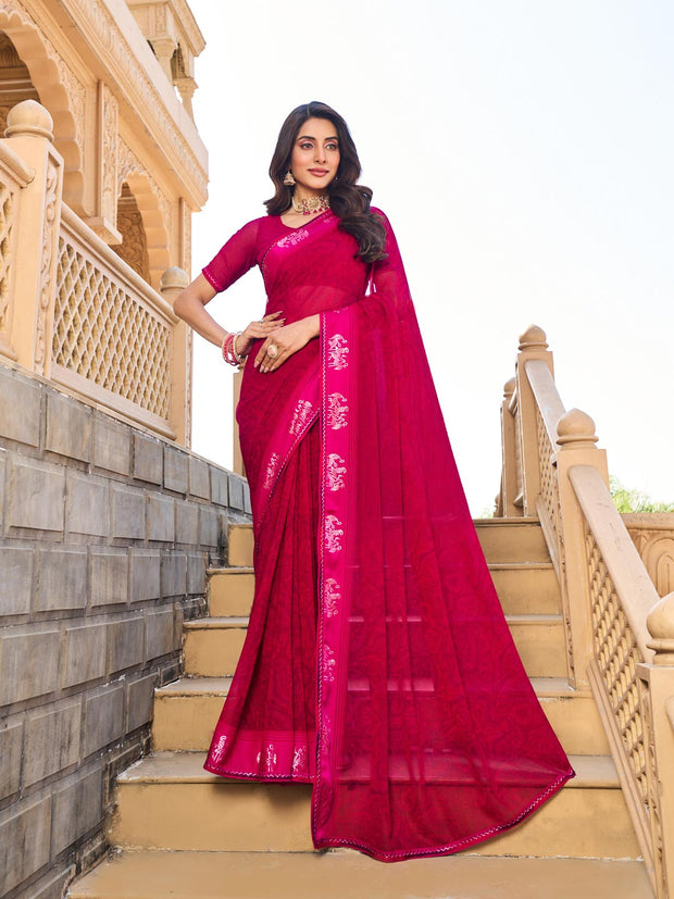 Pink floral print georgette saree