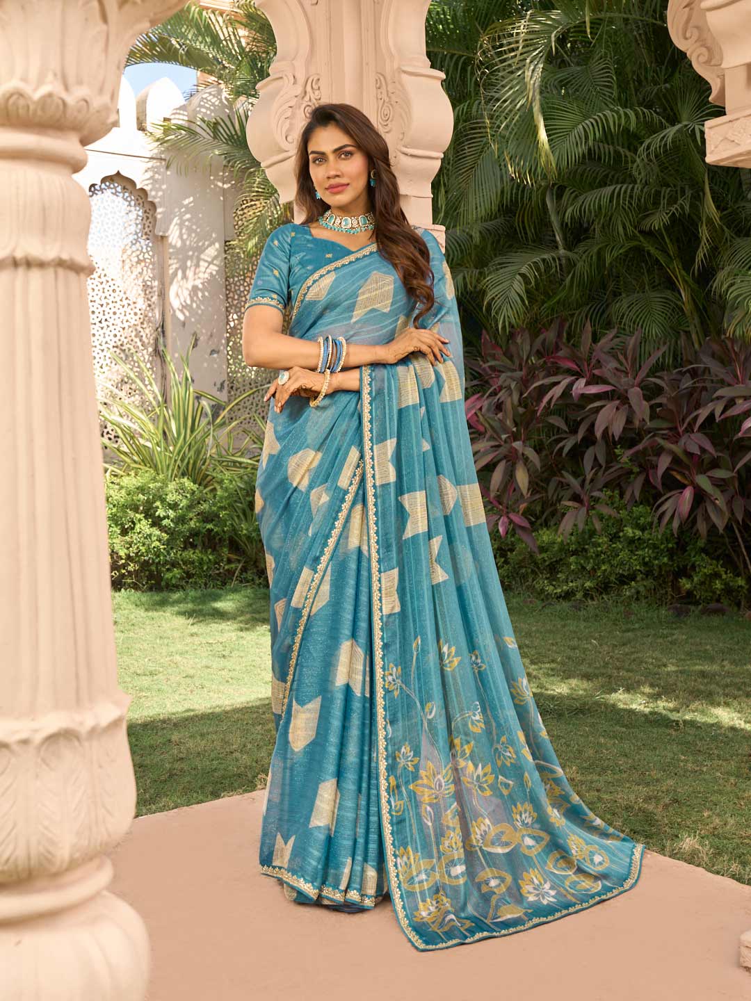 Blue floral print chiffon saree