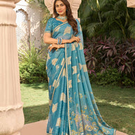 Blue floral print chiffon saree