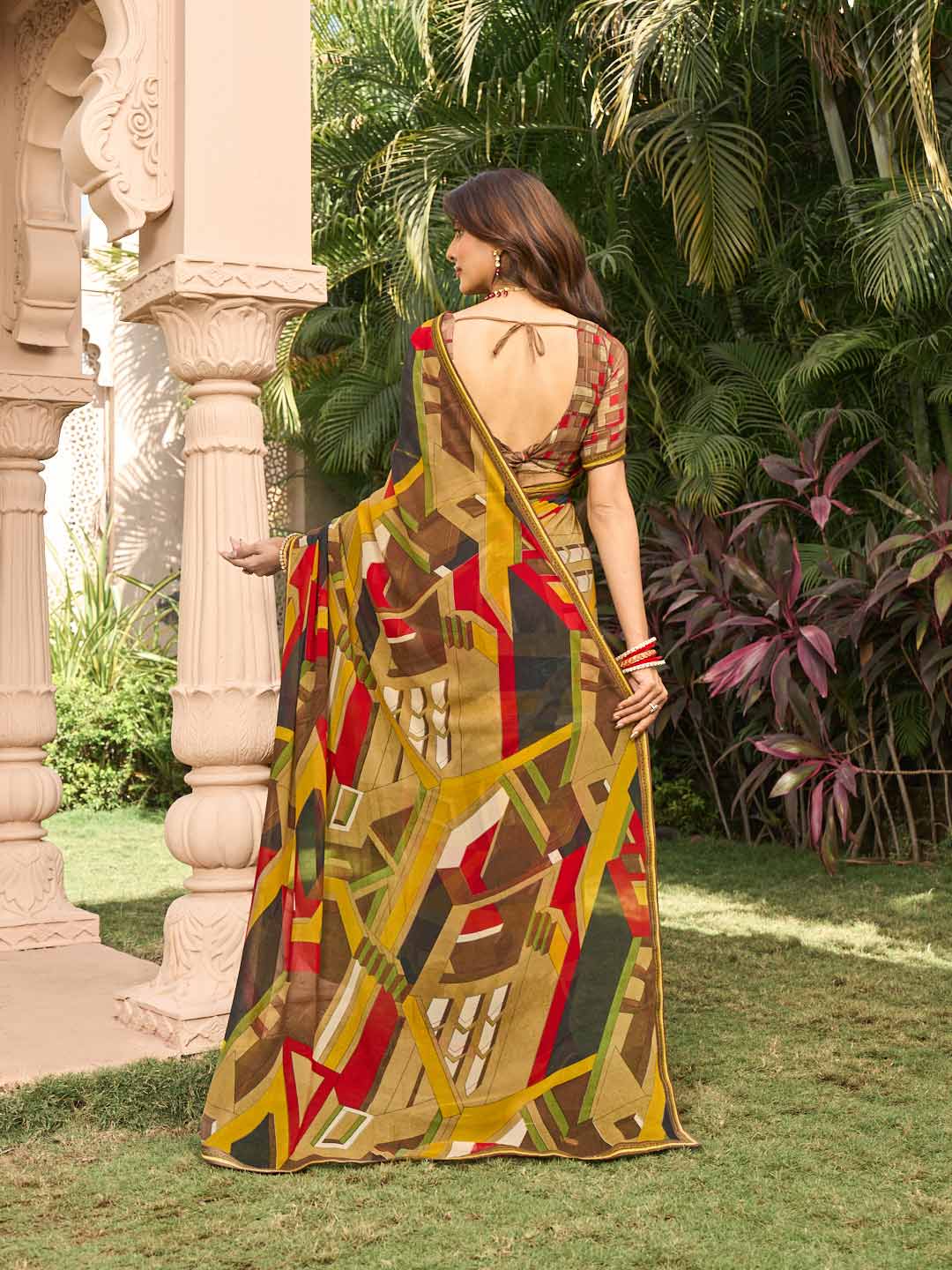 Modern printed georgette saree styling