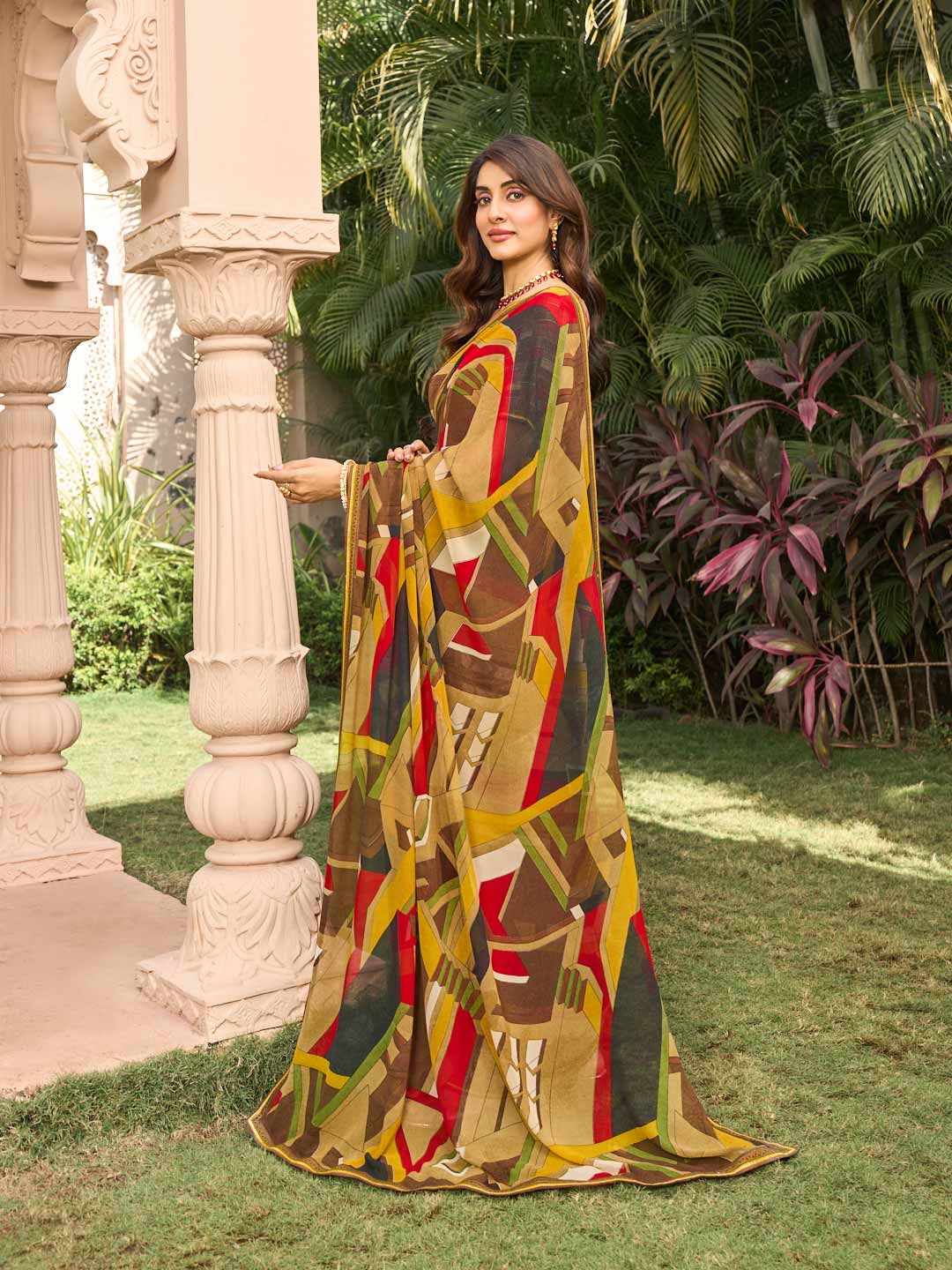 Brown georgette saree with matching blouse