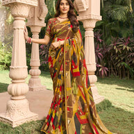 Brown abstract print georgette saree
