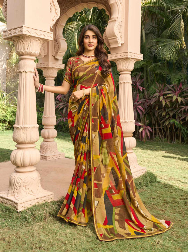 Brown abstract print georgette saree