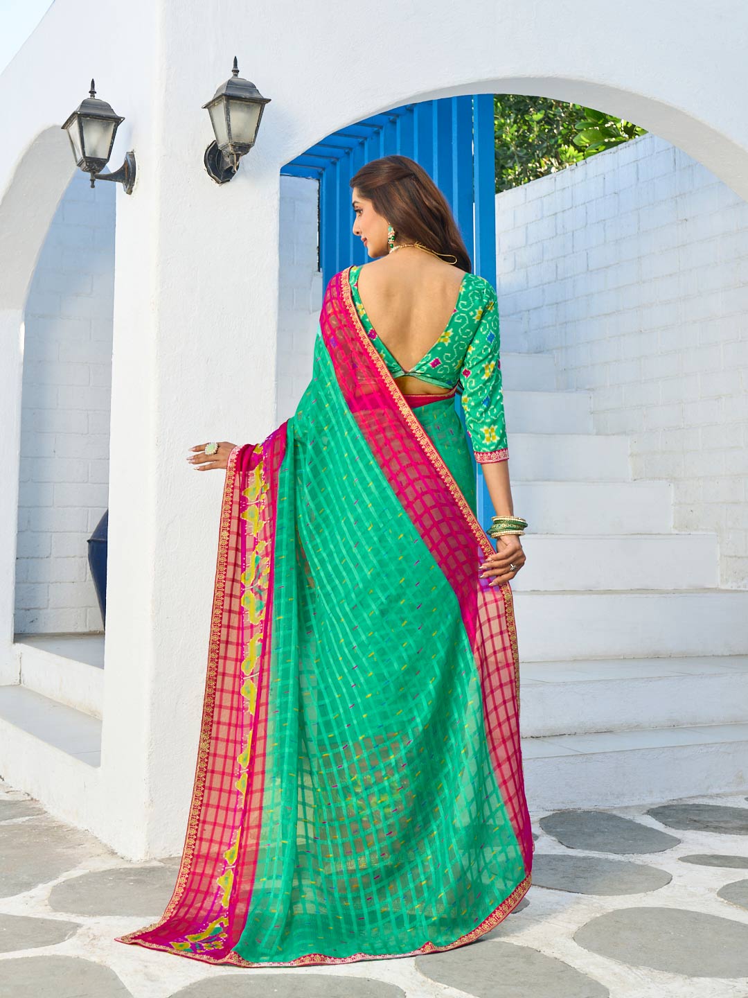 green chiffon geometric printed saree