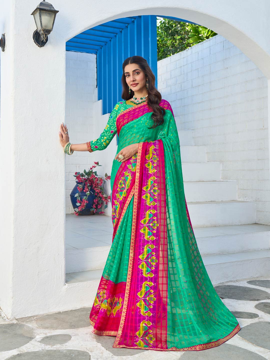 Laxmipati Rang Birangi Green Chiffon Geometric Printed Saree
